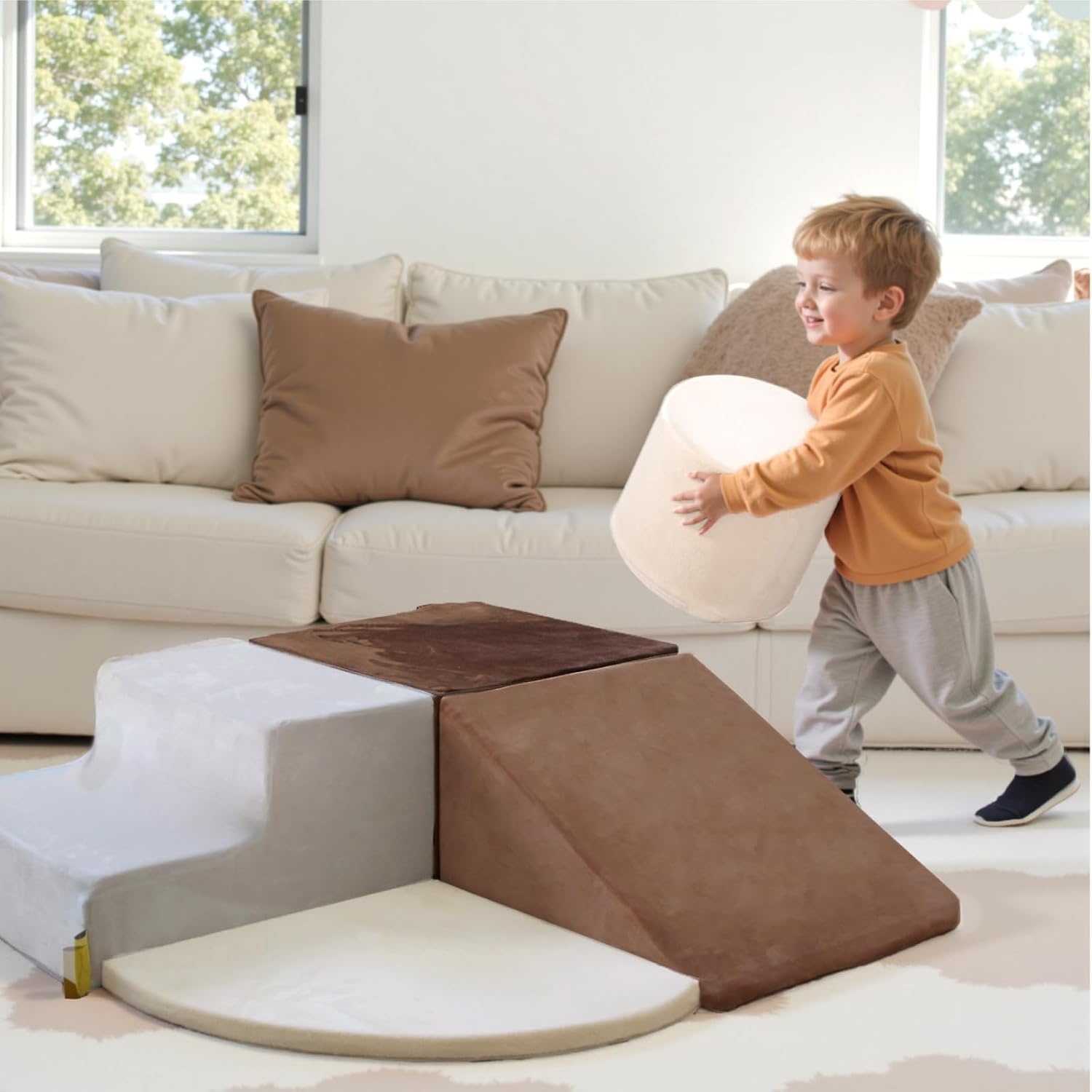 BanaSuper Schuimklimblokken voor Kinderen, XXL Schuurstenen, EN71-Gecertificeerd, Montessori Speelgoed, Wasbare Hoes voor Binnenplezier, Baby Soft Playset, Koffie Grijs