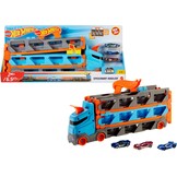 Hot Wheels Speedway Hauler & 3 speelgoedauto's schaal 1:64 | Grote truck voor 20+ auto's, wordt racebaan van 183 cm, past op andere sets en banen, HGH33