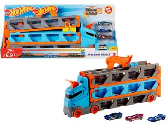 Hot Wheels Speedway Hauler & 3 speelgoedauto's schaal 1:64 | Grote truck voor 20+ auto's, wordt racebaan van 183 cm, past op andere sets en banen, HGH33
