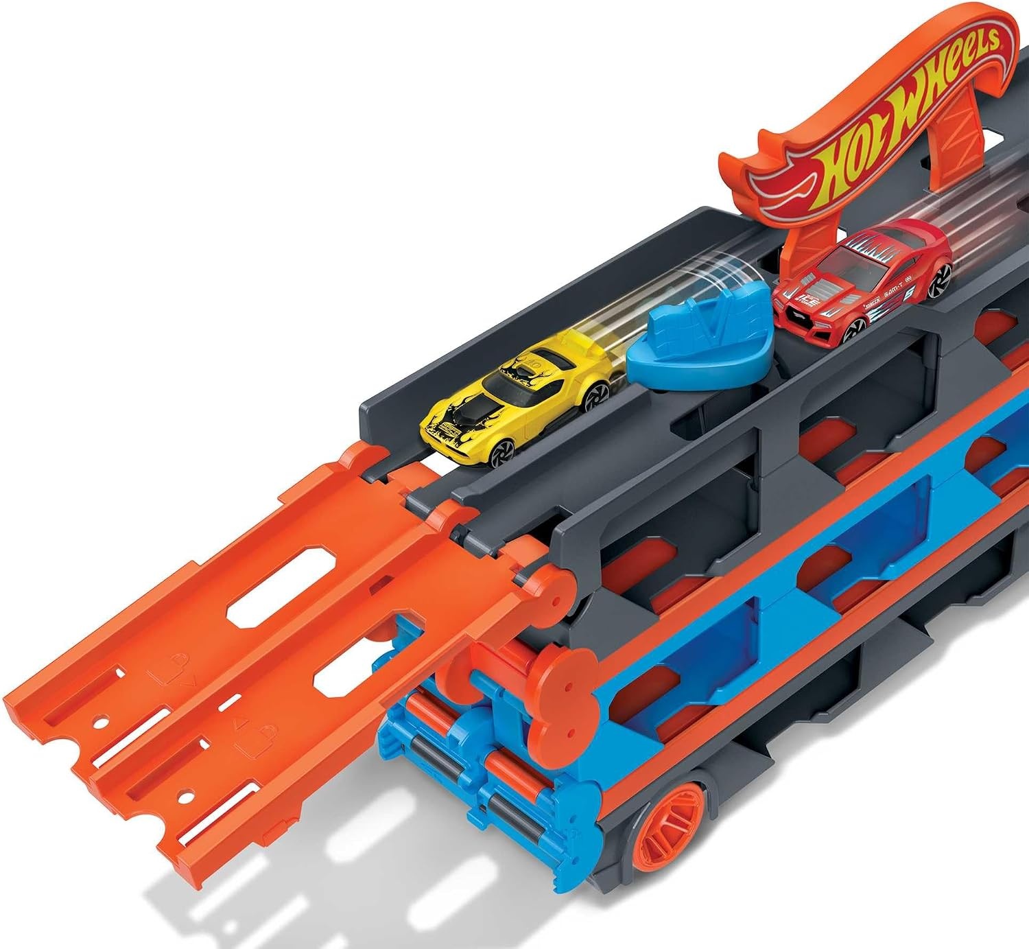 Hot Wheels Speedway Hauler & 3 speelgoedauto's schaal 1:64 | Grote truck voor 20+ auto's, wordt racebaan van 183 cm, past op andere sets en banen, HGH33