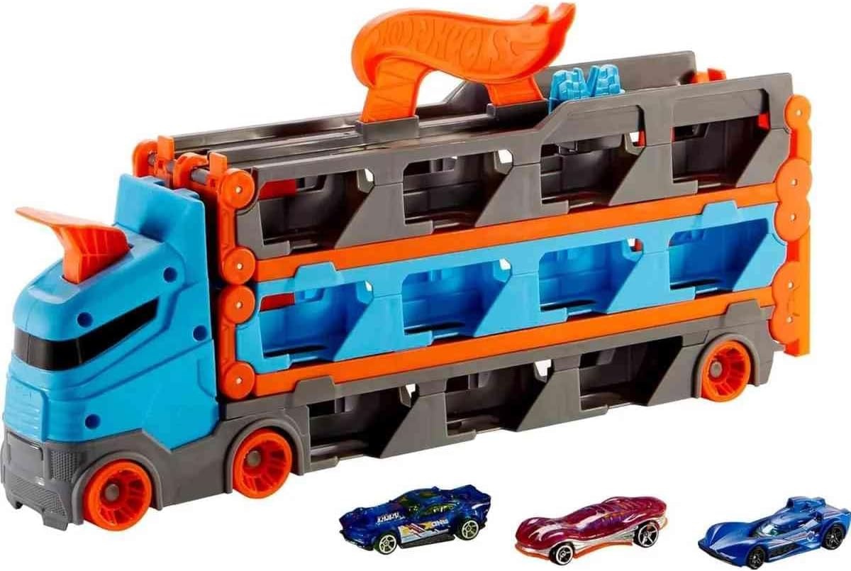 Hot Wheels Speedway Hauler & 3 speelgoedauto's schaal 1:64 | Grote truck voor 20+ auto's, wordt racebaan van 183 cm, past op andere sets en banen, HGH33