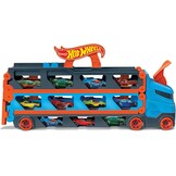Hot Wheels Speedway Hauler & 3 speelgoedauto's schaal 1:64 | Grote truck voor 20+ auto's, wordt racebaan van 183 cm, past op andere sets en banen, HGH33