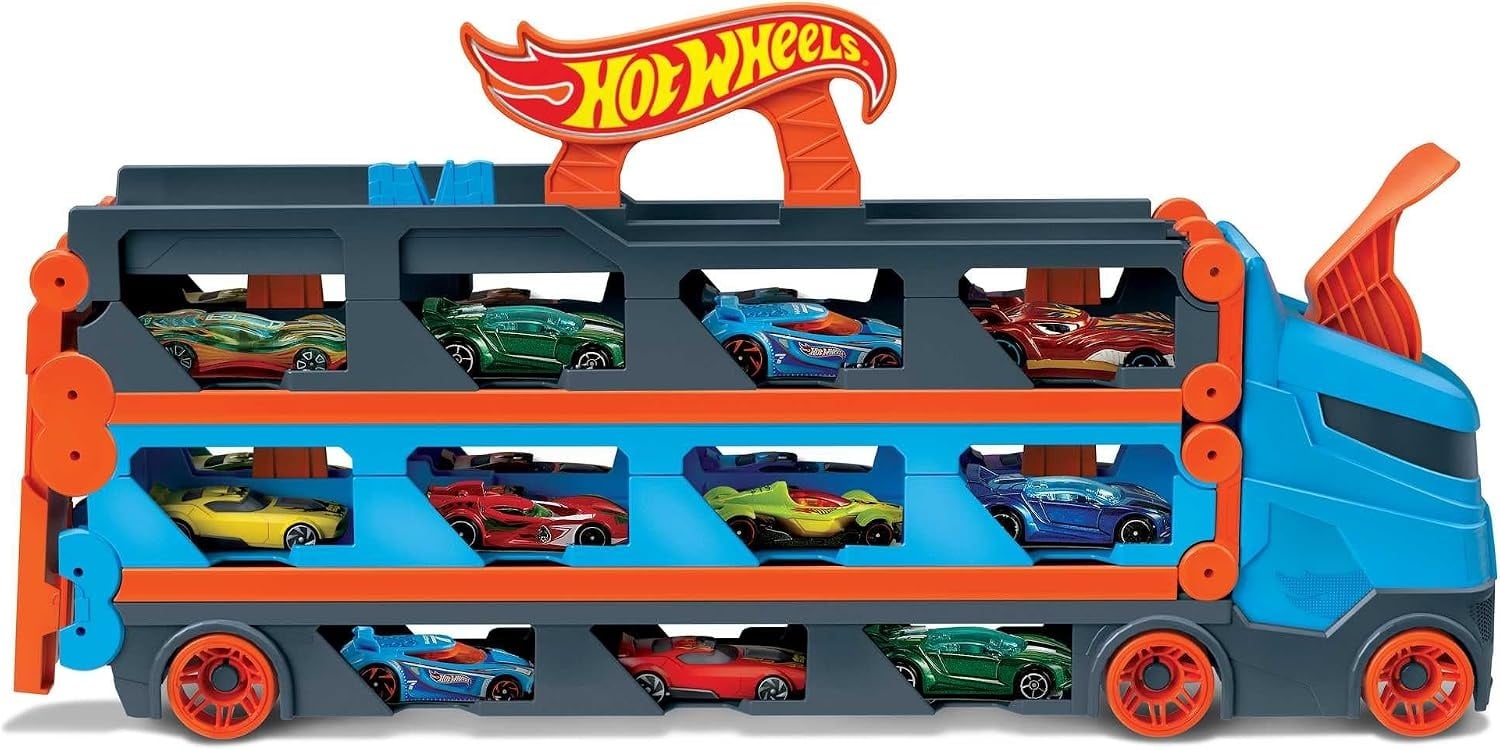 Hot Wheels Speedway Hauler & 3 speelgoedauto's schaal 1:64 | Grote truck voor 20+ auto's, wordt racebaan van 183 cm, past op andere sets en banen, HGH33