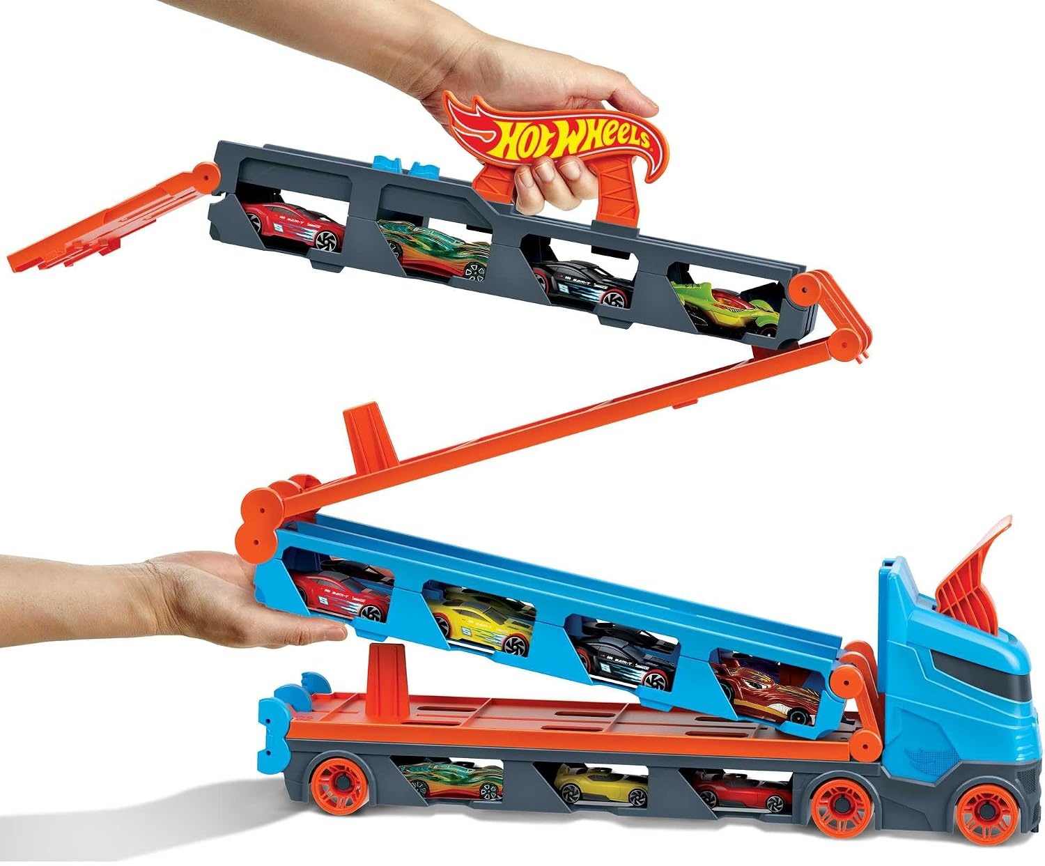 Hot Wheels Speedway Hauler & 3 speelgoedauto's schaal 1:64 | Grote truck voor 20+ auto's, wordt racebaan van 183 cm, past op andere sets en banen, HGH33