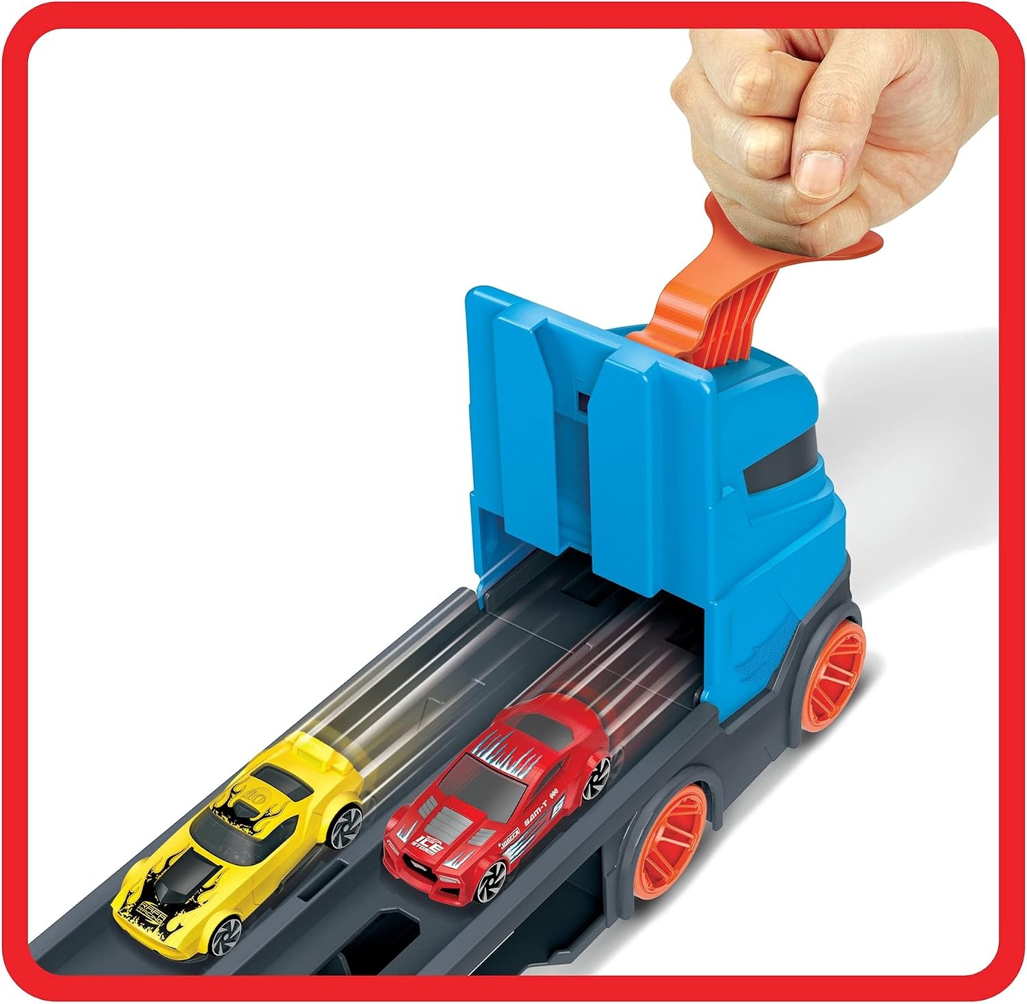Hot Wheels Speedway Hauler & 3 speelgoedauto's schaal 1:64 | Grote truck voor 20+ auto's, wordt racebaan van 183 cm, past op andere sets en banen, HGH33