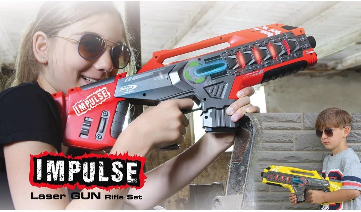 JAMARA 410083 - Impulse Gun - Rifle Set - Laser Tag met 3 Battlemodi spelers per team, Last Man Standing, Duel, 4 gesimuleerde wapens met geluidseffecten, tot 40 m bereik, geel/rood