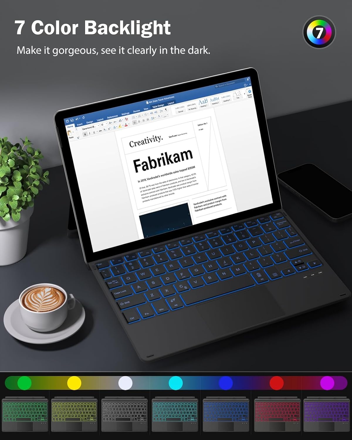 Toetsenbord voor Microsoft Surface Go 4 (2023) / Go 3 (2021) / Go 2 (2020) / Go (2018) | Slank draadloos Bluetooth met trackpad, 7 kleuren LED-achterg