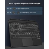 Toetsenbord voor Microsoft Surface Go 4 (2023) / Go 3 (2021) / Go 2 (2020) / Go (2018) | Slank draadloos Bluetooth met trackpad, 7 kleuren LED-achterg