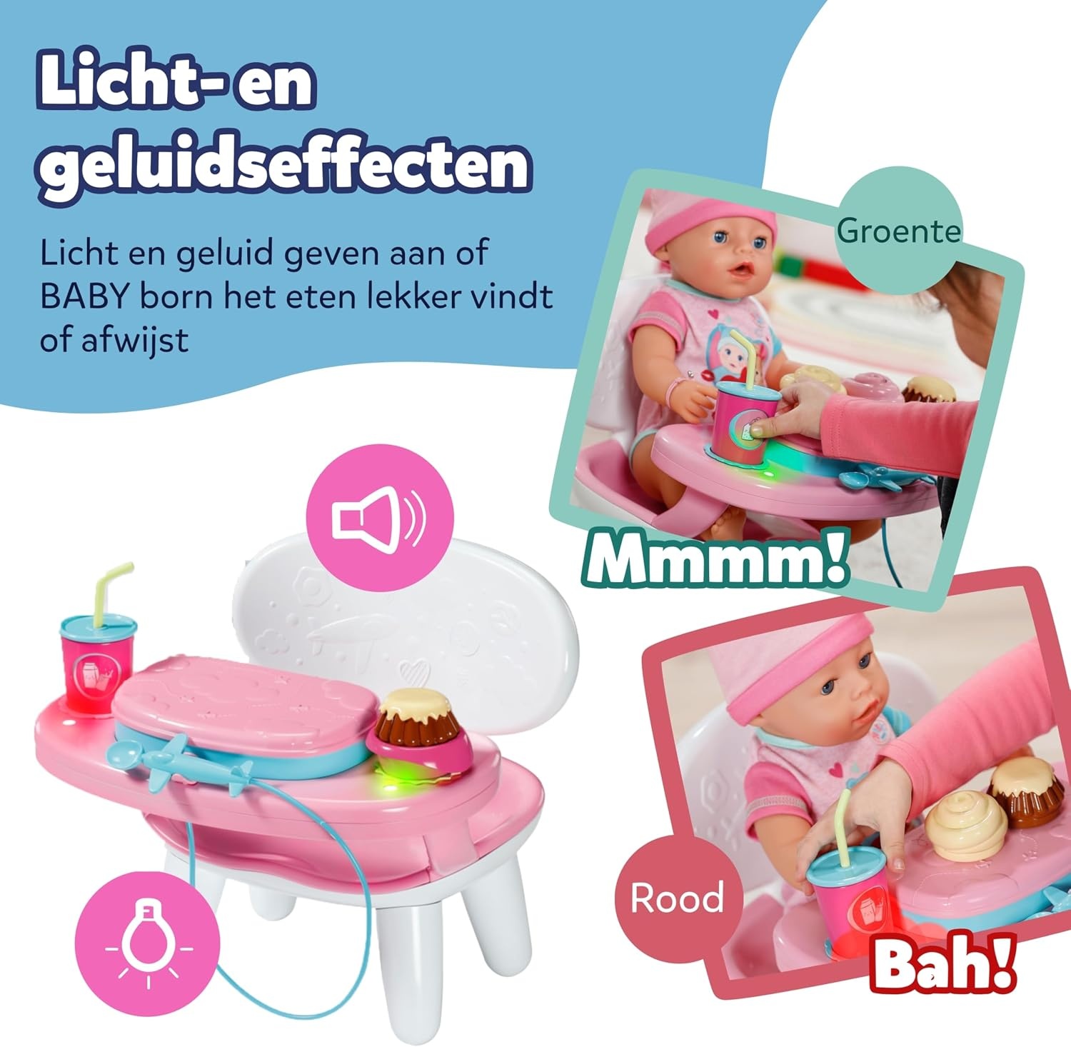 BABY born Interactieve Kindertstoel met licht en geluid | Licht- en geluidsfunctie, meer dan 10 gerechten en drankjes, geschikt voor poppen van 43 cm