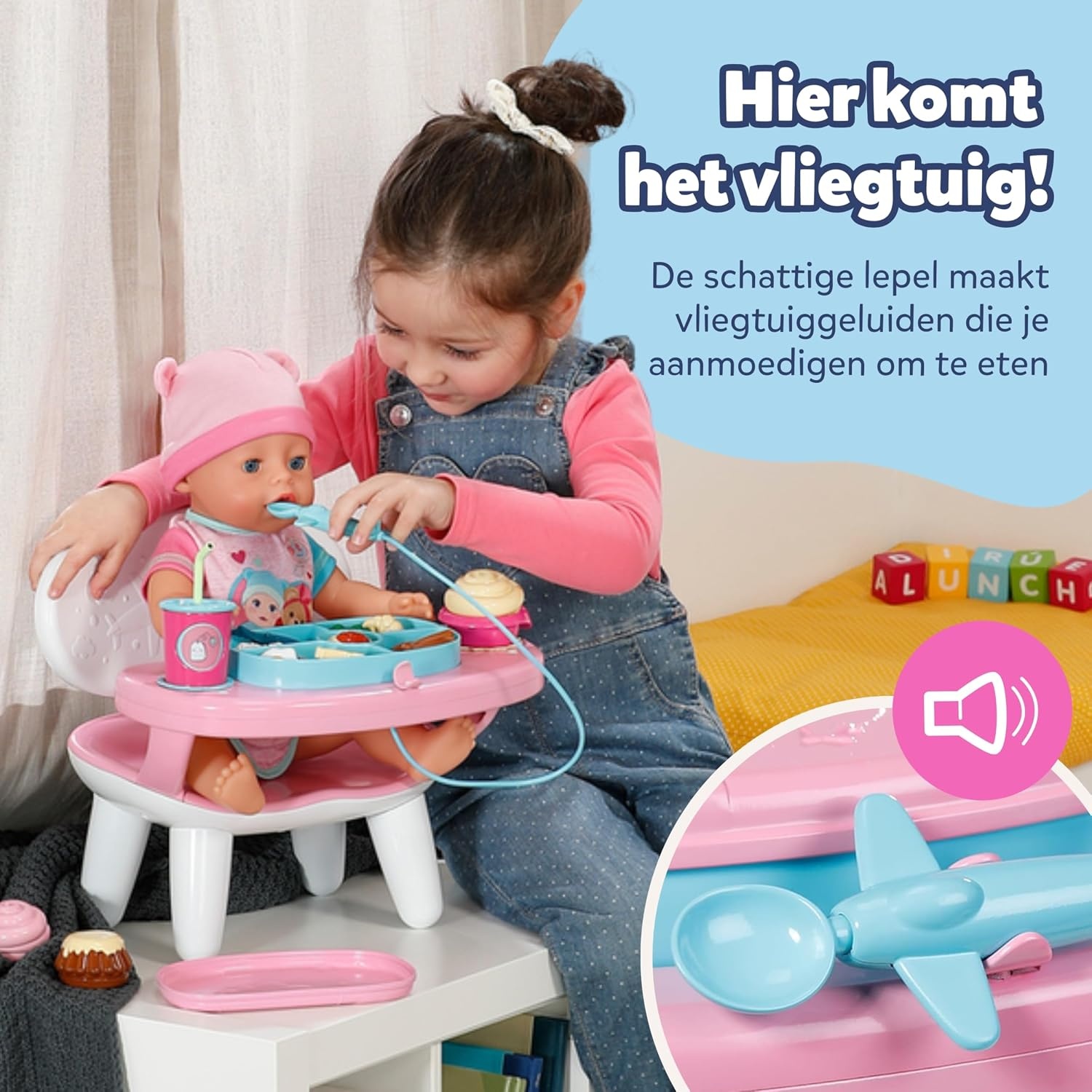 BABY born Interactieve Kindertstoel met licht en geluid | Licht- en geluidsfunctie, meer dan 10 gerechten en drankjes, geschikt voor poppen van 43 cm