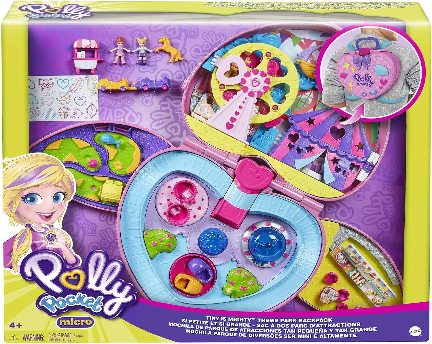 Polly Pocket Compacte Pretparkrugzak met 2 poppen, accessoires en tal van activiteiten, GYK91