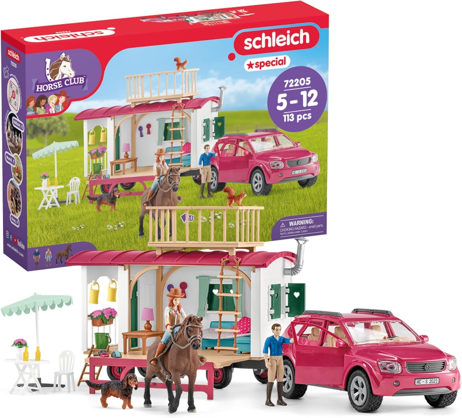 schleich HORSE CLUB | Camping adventure with the caravan 72205 | from 5 years | Playset with caravan, SUV, 2 figures, horse | Schleich horse accessories | Toys from 5 years | 113 pieces