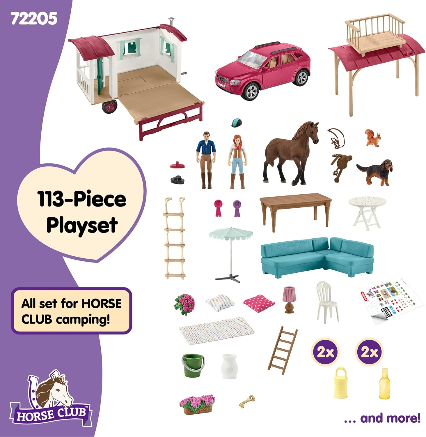 schleich HORSE CLUB | Camping adventure with the caravan 72205 | from 5 years | Playset with caravan, SUV, 2 figures, horse | Schleich horse accessories | Toys from 5 years | 113 pieces
