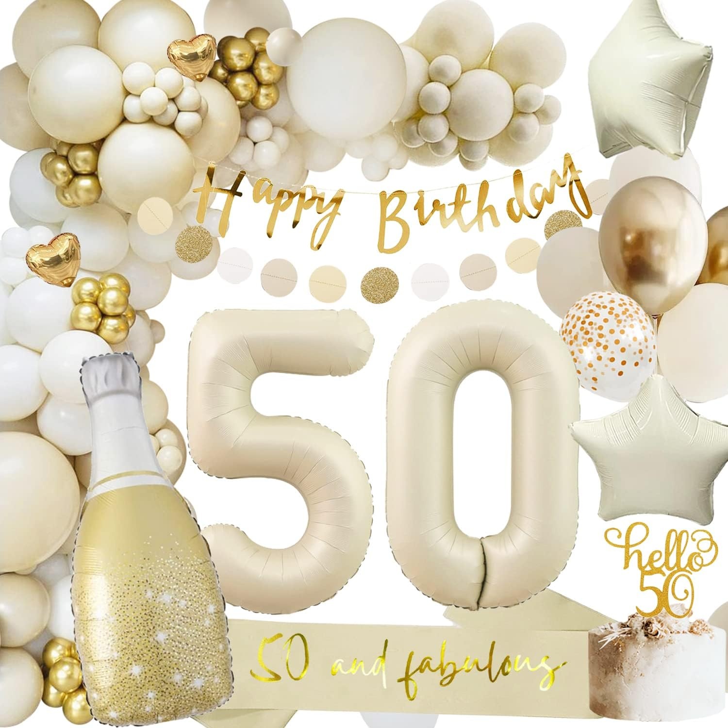 50th Birthday Decoration, 50th Birthday Women Men, Birthday Decoration 50, Beige Gold Balloon Decoration with Happy Birthday Garland, Decoration 50th Birthday Balloons