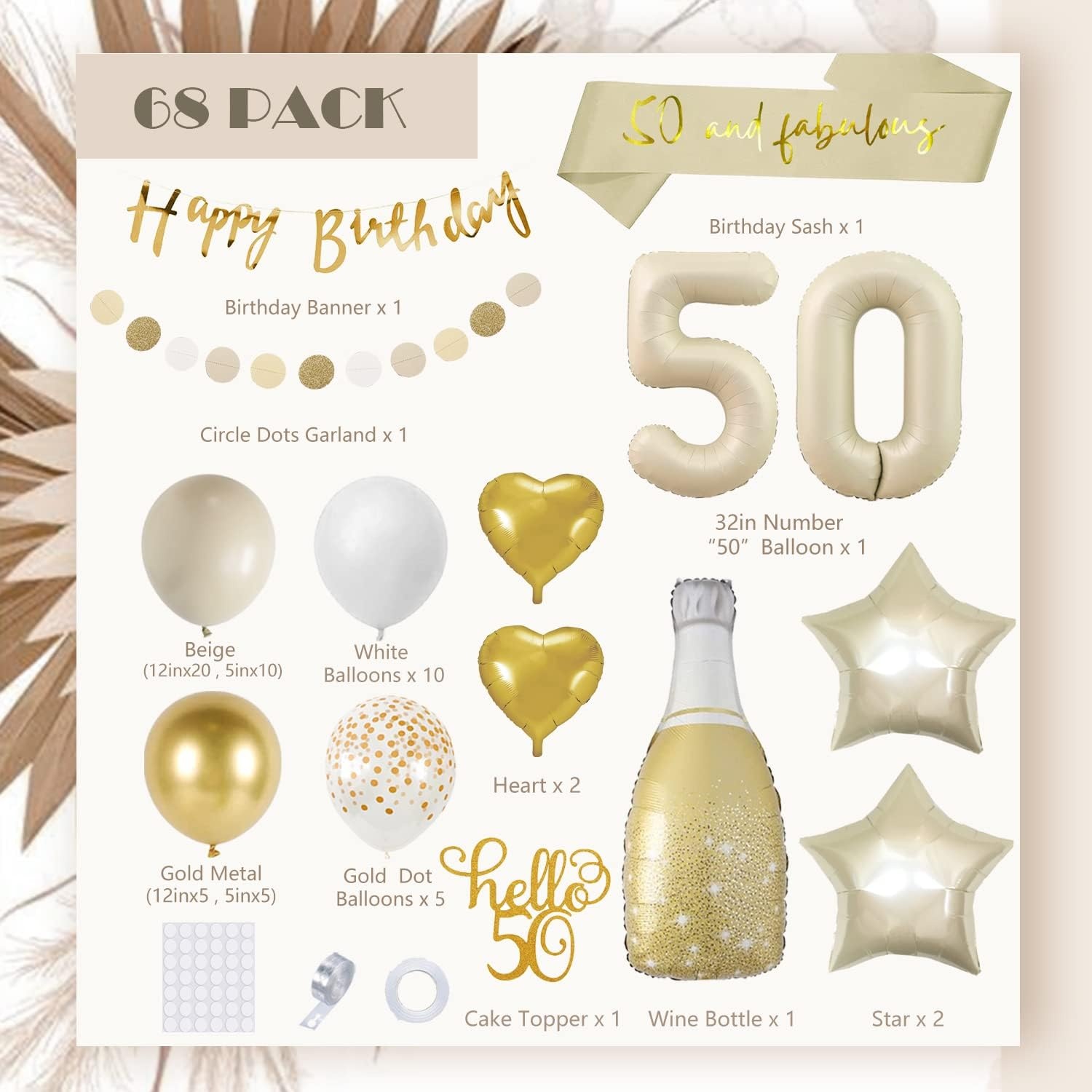 50th Birthday Decoration, 50th Birthday Women Men, Birthday Decoration 50, Beige Gold Balloon Decoration with Happy Birthday Garland, Decoration 50th Birthday Balloons