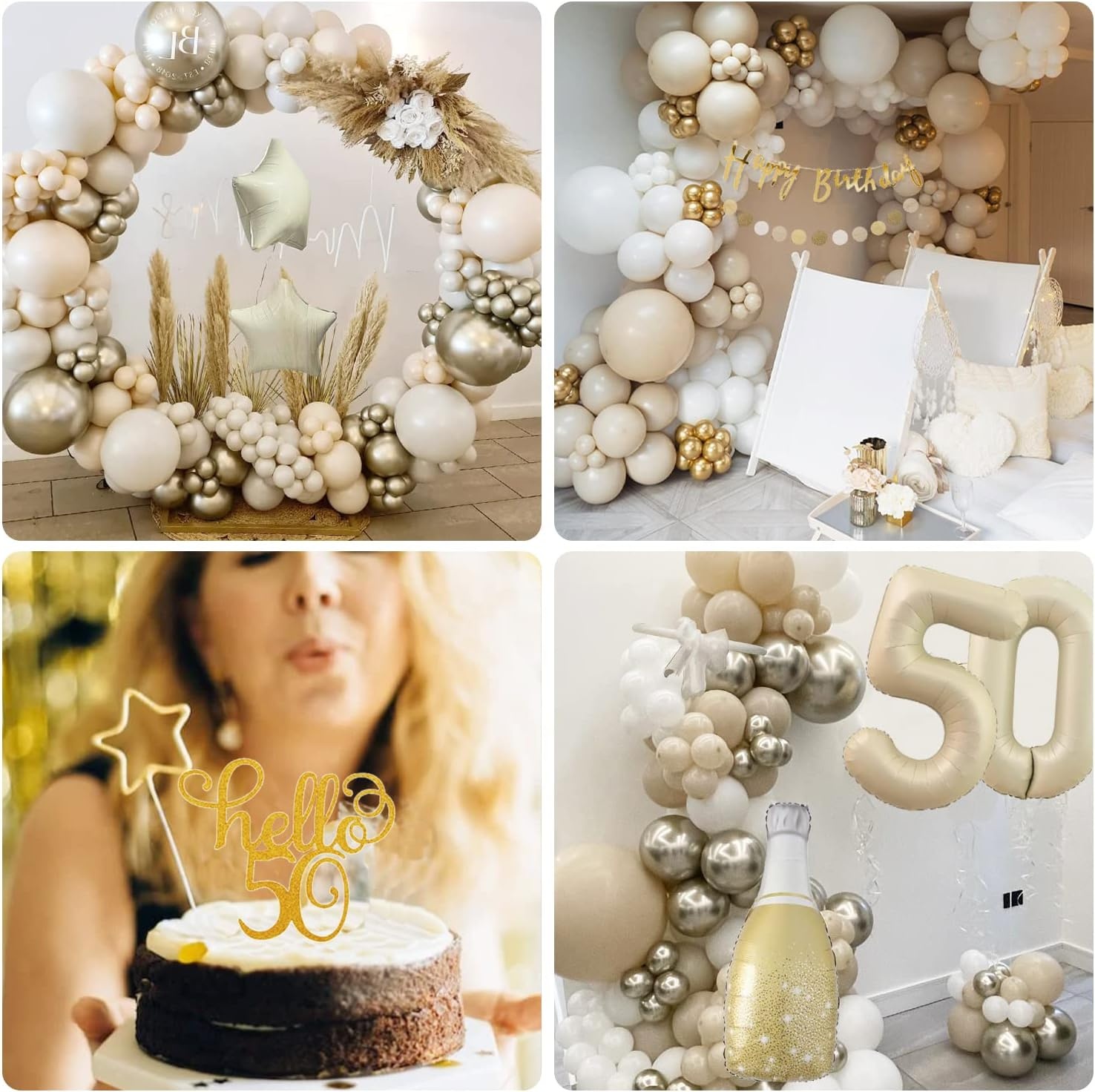 50th Birthday Decoration, 50th Birthday Women Men, Birthday Decoration 50, Beige Gold Balloon Decoration with Happy Birthday Garland, Decoration 50th Birthday Balloons