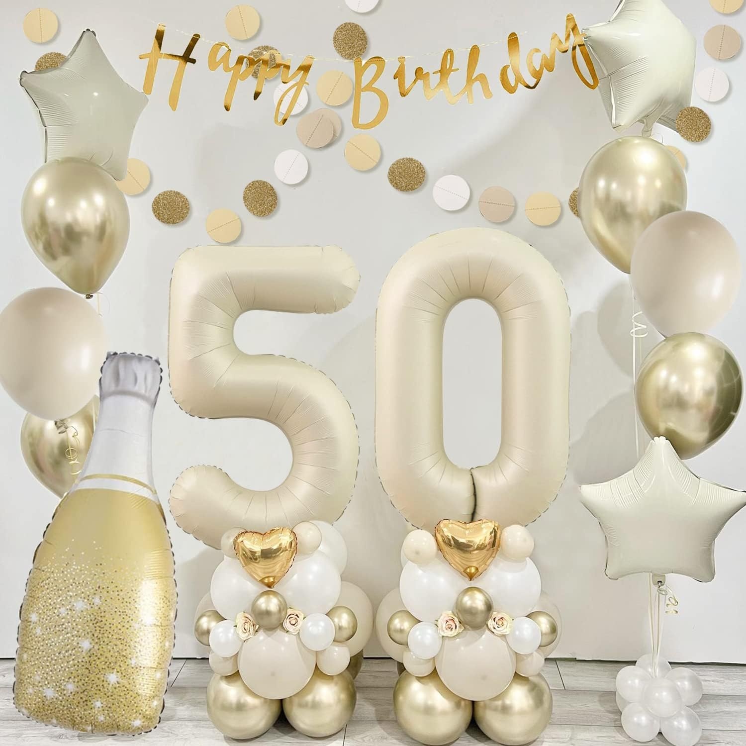 50th Birthday Decoration, 50th Birthday Women Men, Birthday Decoration 50, Beige Gold Balloon Decoration with Happy Birthday Garland, Decoration 50th Birthday Balloons