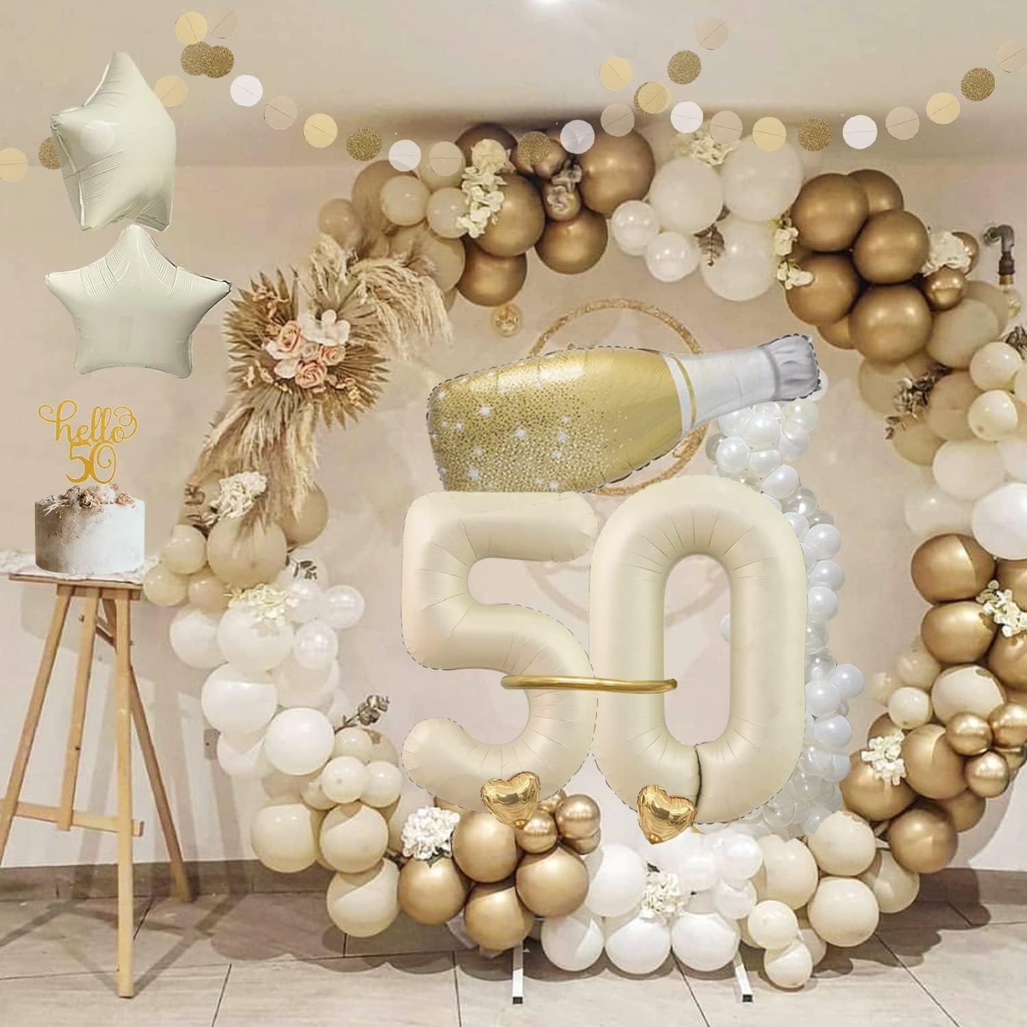 50th Birthday Decoration, 50th Birthday Women Men, Birthday Decoration 50, Beige Gold Balloon Decoration with Happy Birthday Garland, Decoration 50th Birthday Balloons