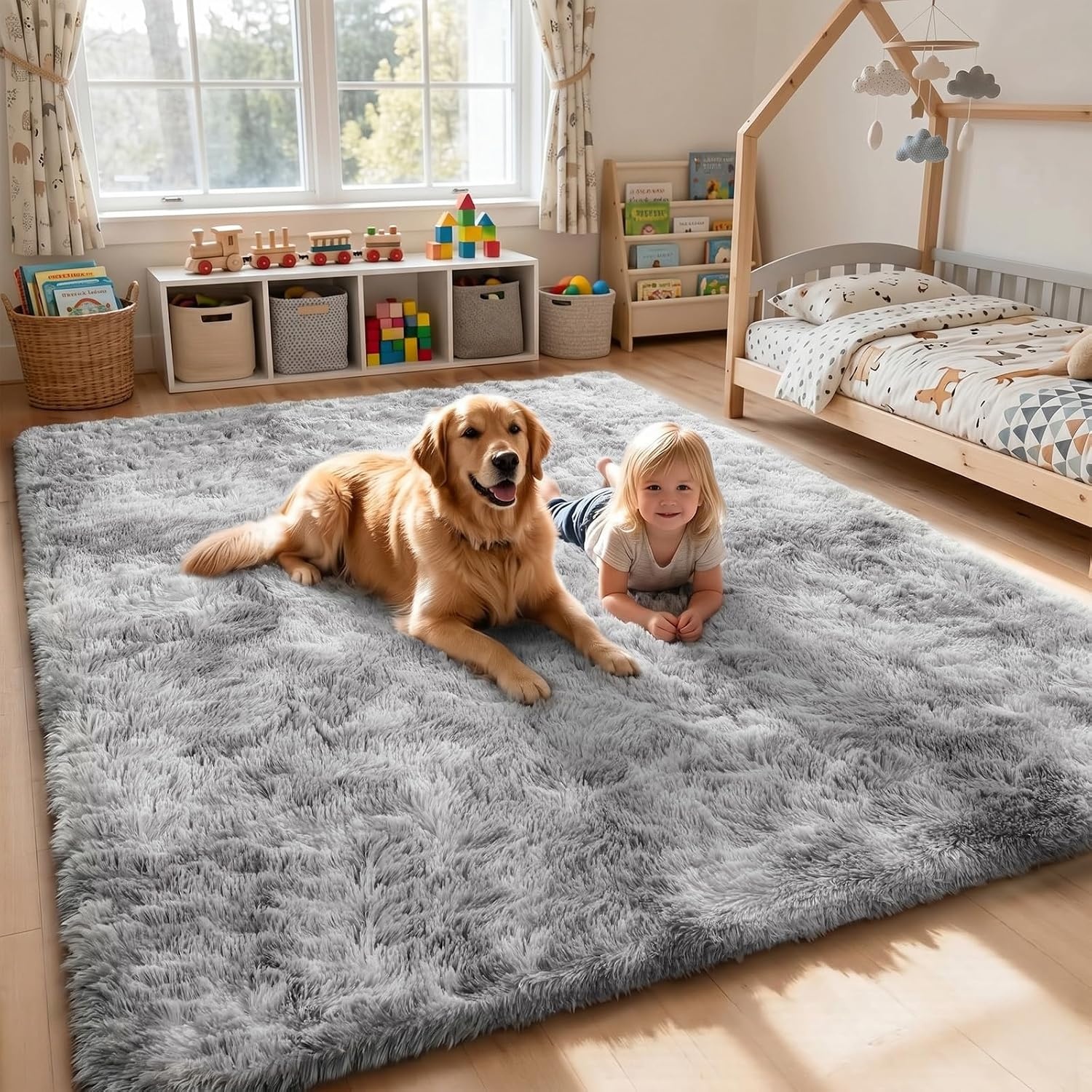 Sour Lemon Hoogpolig tapijt 160x230cm, lichtgrijs, tapijt, woonkamer,wasbaar, antislip, extra groot, slaapkamer, pluizige moderne tapijten, mat tapijten voor slaapkamer en kinderkamer