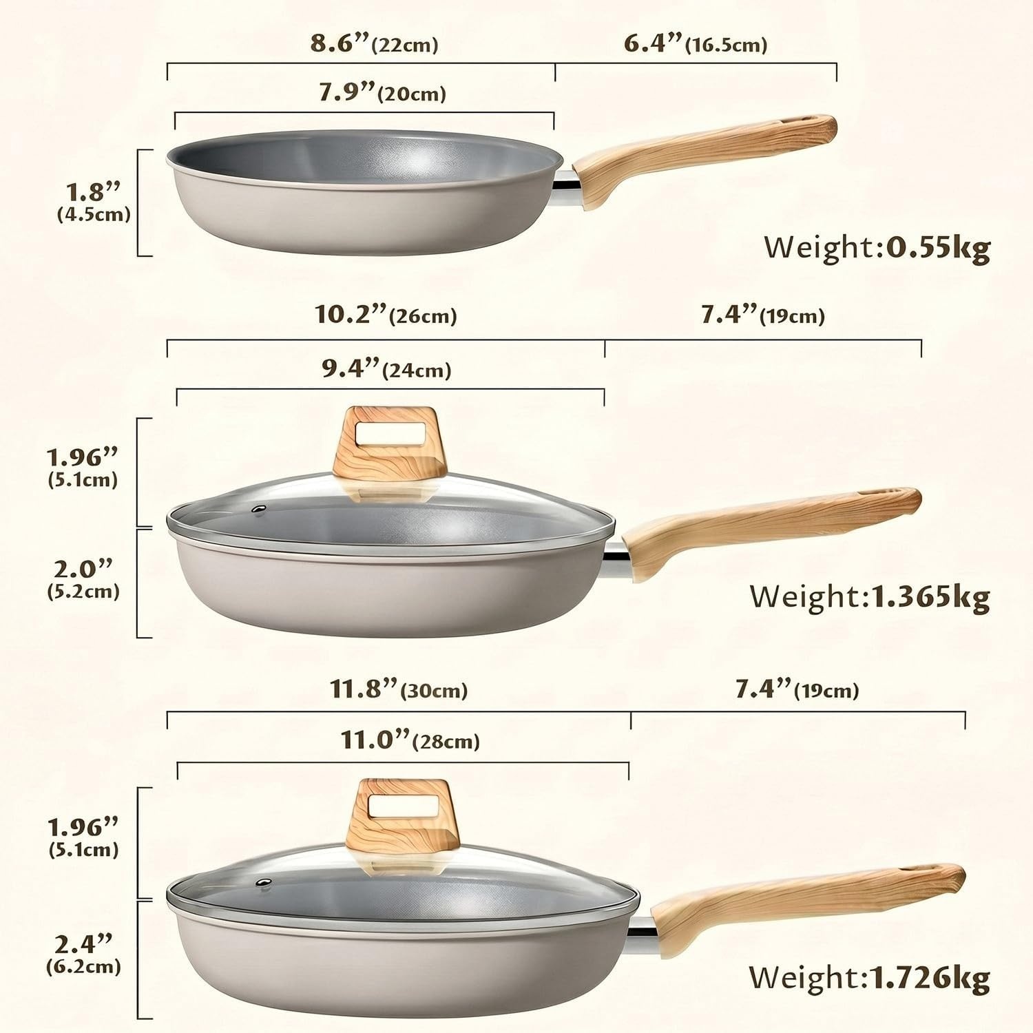 BLAZANT Antiaanbak-braadpannenset, 20, 24, 28 cm, inductie met keramische coating, pannenset met deksel voor alle warmtebronnen