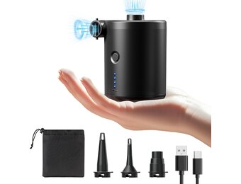 QPAU Elektrische luchtpomp, oplaadbare accu-luchtpomp, Quick-Fill Inflator Deflator, luchtpomp, elektrisch met 3 luchtsproeiers voor camping, isomat, luchtmatras, rubberboot