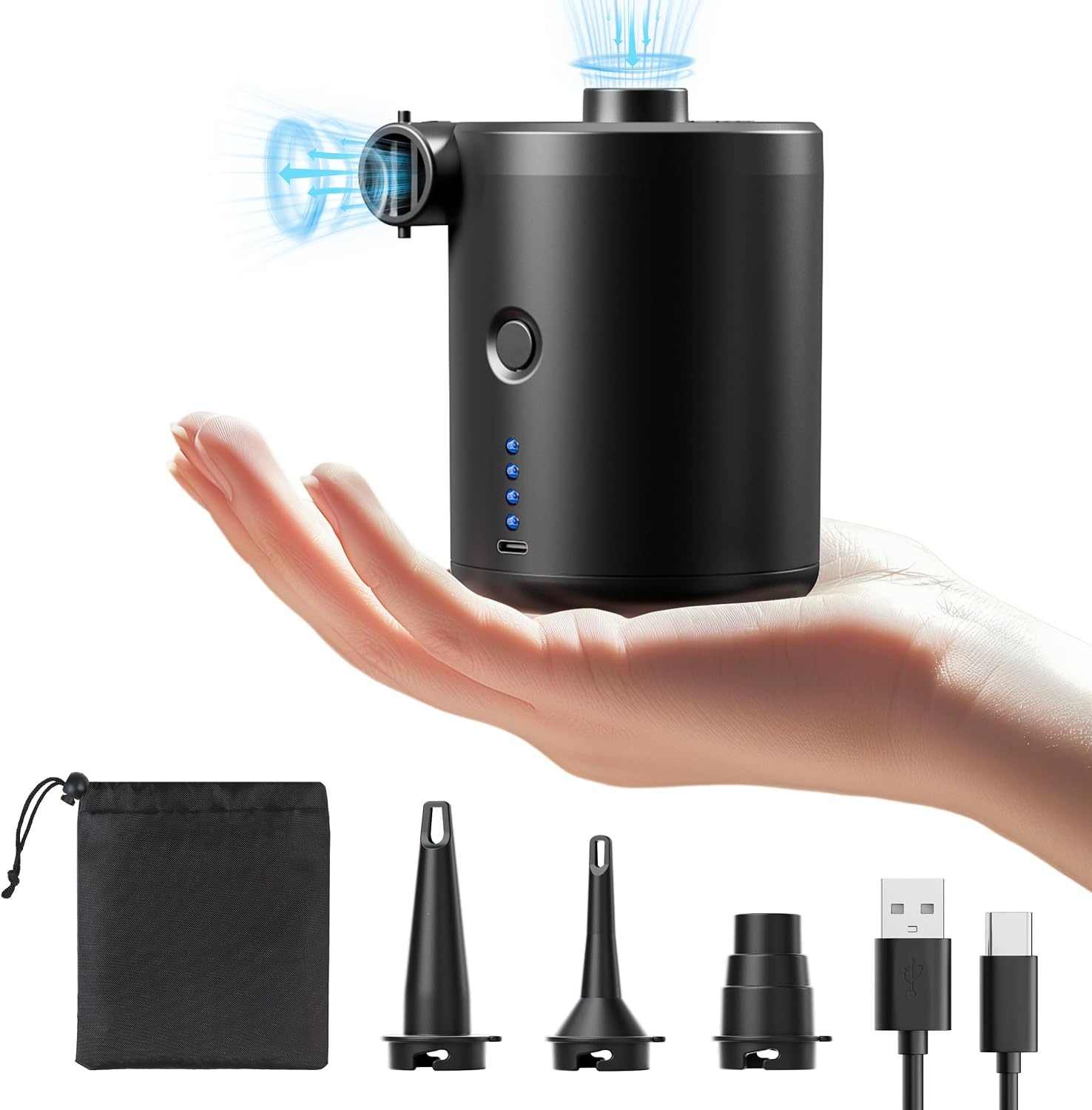 QPAU Elektrische luchtpomp, oplaadbare accu-luchtpomp, Quick-Fill Inflator Deflator, luchtpomp, elektrisch met 3 luchtsproeiers voor camping, isomat, luchtmatras, rubberboot