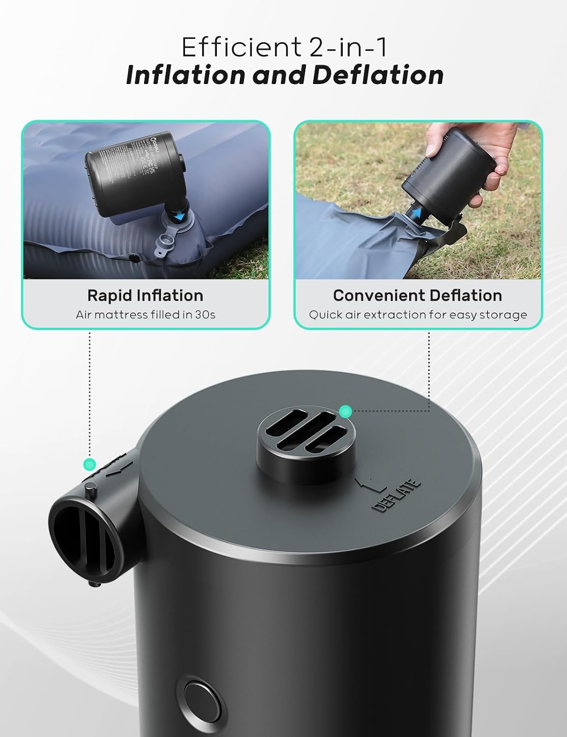 QPAU Elektrische luchtpomp, oplaadbare accu-luchtpomp, Quick-Fill Inflator Deflator, luchtpomp, elektrisch met 3 luchtsproeiers voor camping, isomat, luchtmatras, rubberboot