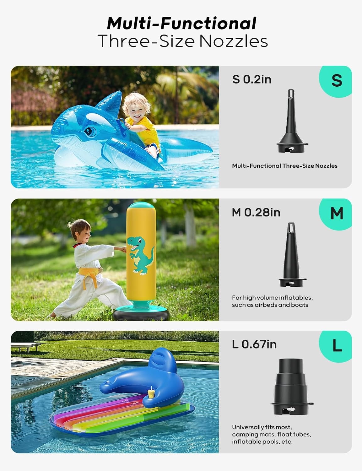 QPAU Elektrische luchtpomp, oplaadbare accu-luchtpomp, Quick-Fill Inflator Deflator, luchtpomp, elektrisch met 3 luchtsproeiers voor camping, isomat, luchtmatras, rubberboot