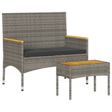 vidaXL Tuinbank 2-zits met kussens en tafel poly rattan grijs