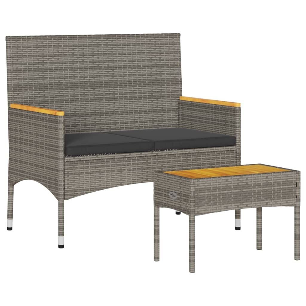 vidaXL Tuinbank 2-zits met kussens en tafel poly rattan grijs