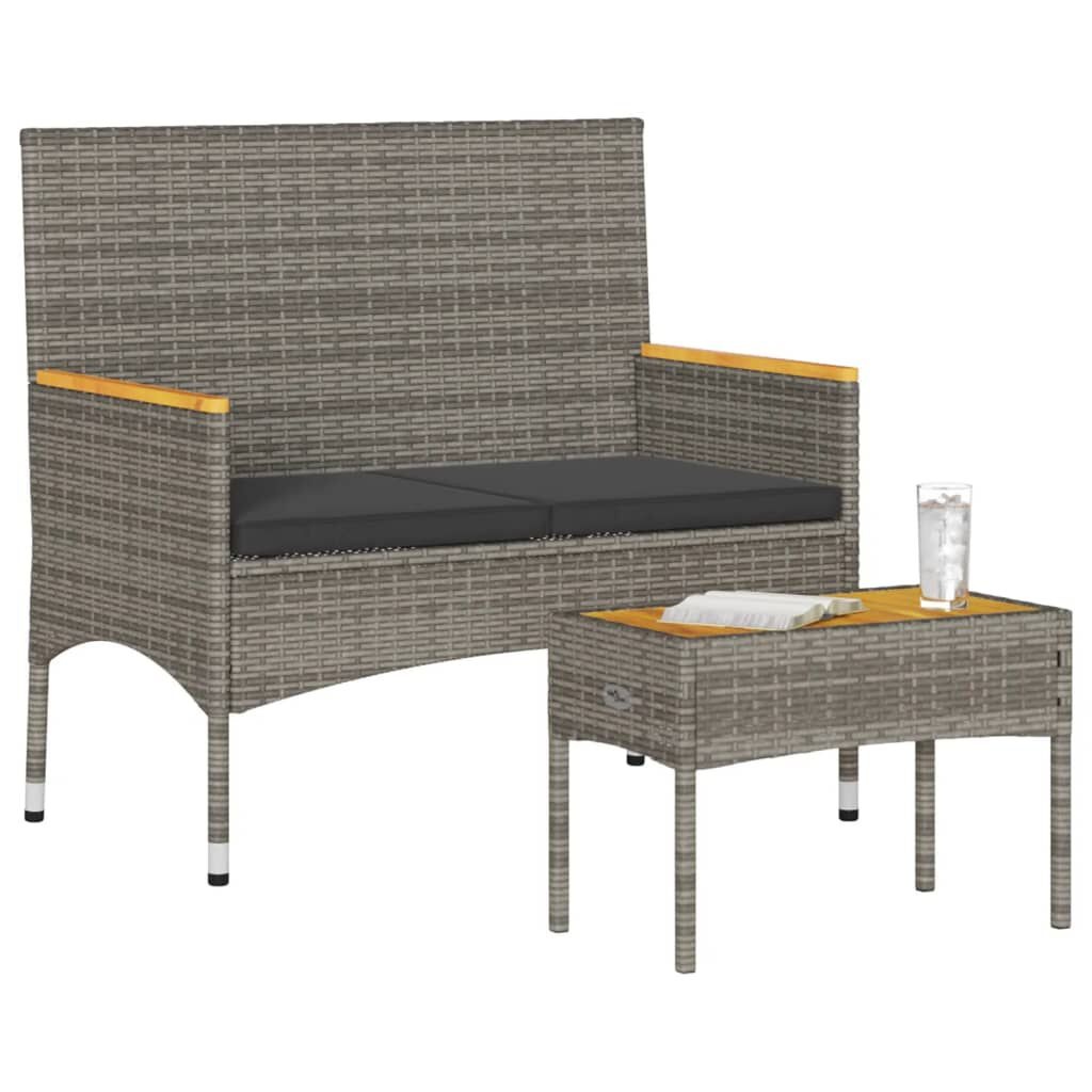 vidaXL Tuinbank 2-zits met kussens en tafel poly rattan grijs