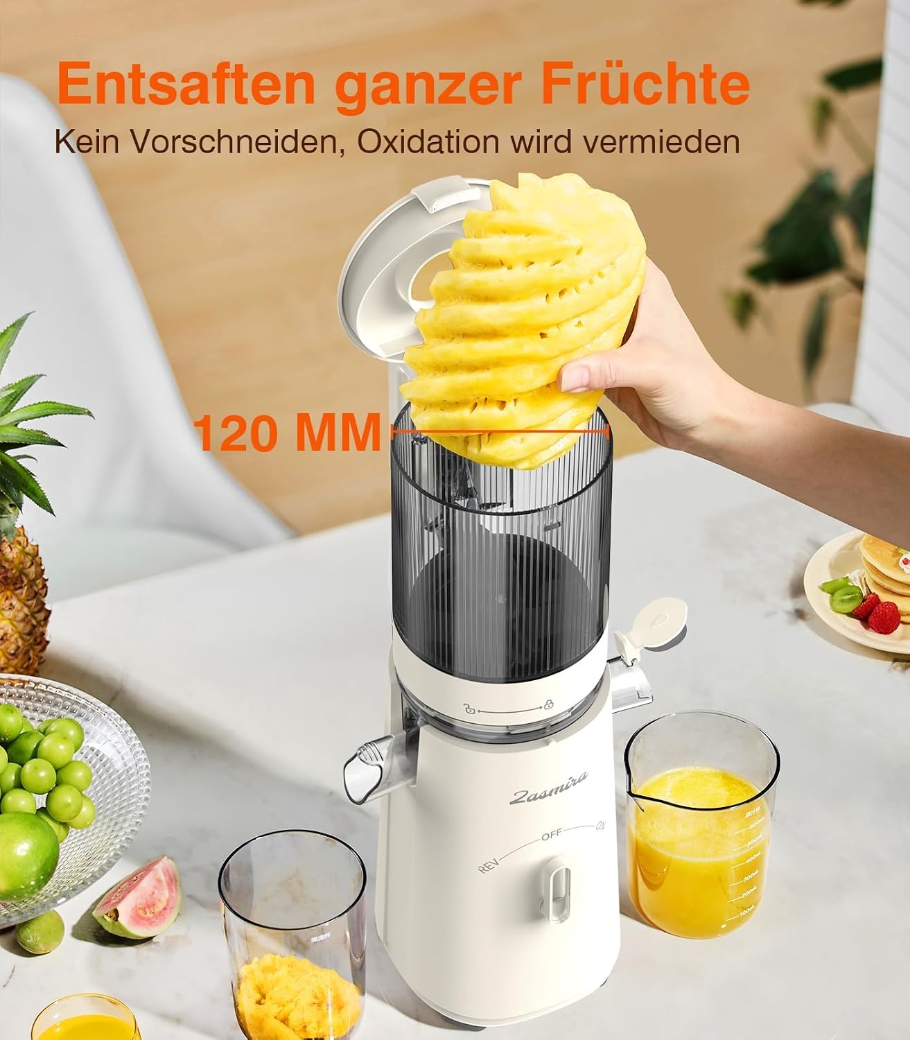 Zasmira Slow Juicer, nieuwste sapcentrifuge voor groenten en fruit, met 120 mm brede vulschacht