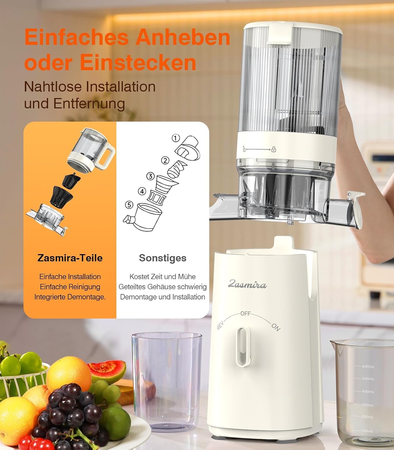 Zasmira Slow Juicer, nieuwste sapcentrifuge voor groenten en fruit, met 120 mm brede vulschacht
