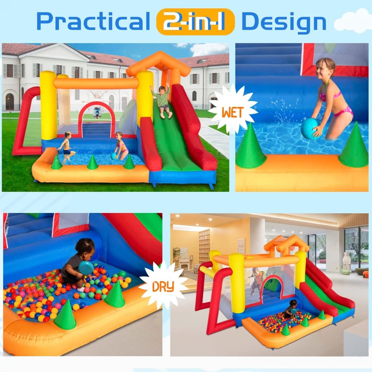 Ballsea Springkasteel met ventilator, springkasteel voor kinderen, indoor, cadeaus voor kinderverjaardagsfeestjes, 343 x 280 x 203 cm