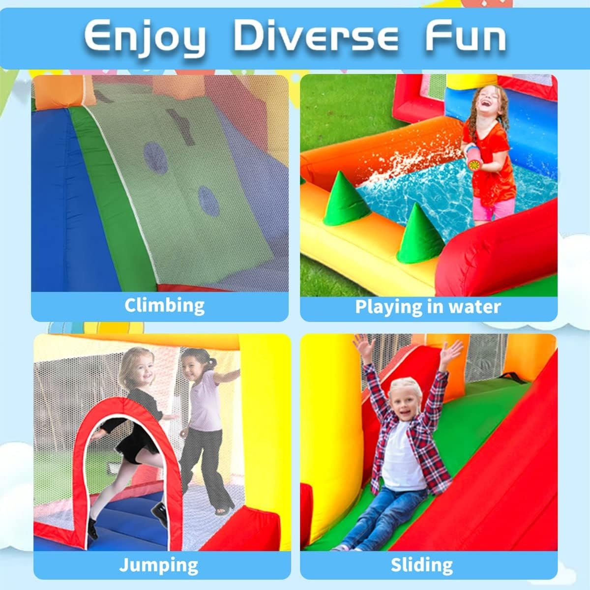 Ballsea Springkasteel met ventilator, springkasteel voor kinderen, indoor, cadeaus voor kinderverjaardagsfeestjes, 343 x 280 x 203 cm
