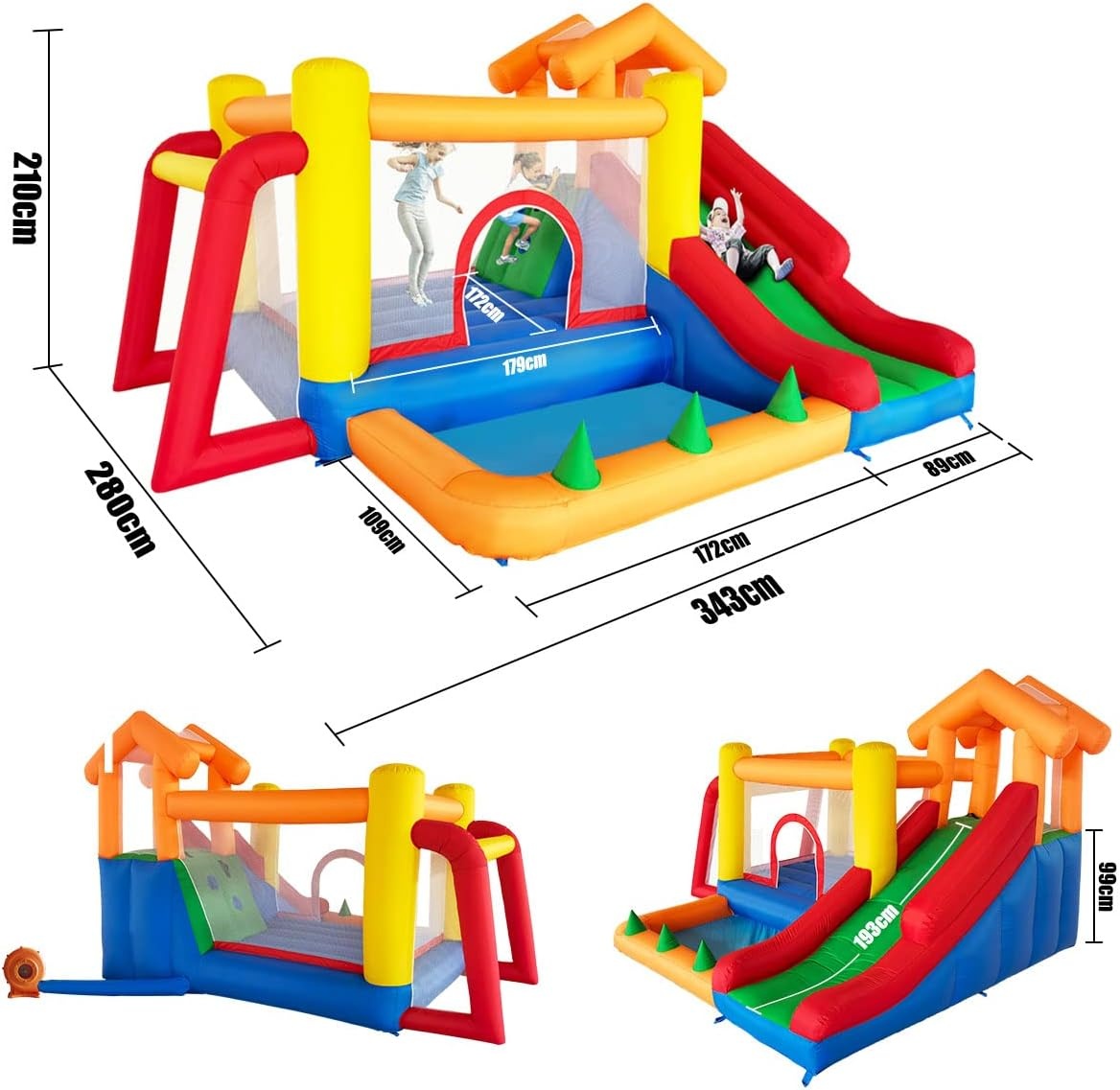 Ballsea Springkasteel met ventilator, springkasteel voor kinderen, indoor, cadeaus voor kinderverjaardagsfeestjes, 343 x 280 x 203 cm