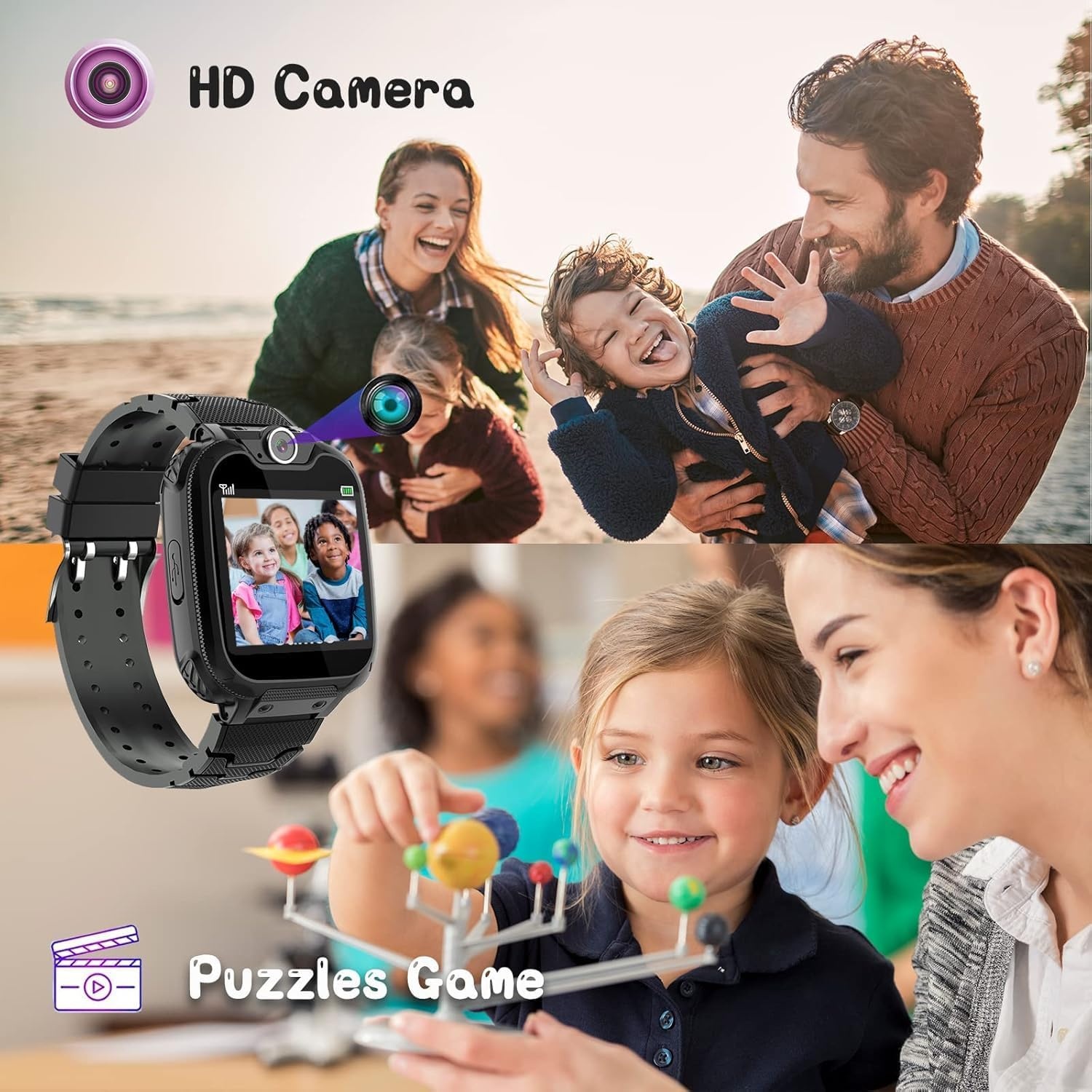 Smartwatch voor kinderen met camera Muziekhorloge Telefoon Spraakoproep SOS Games Wekker, babymeisje en jongen 3-12 jaar Cadeau
