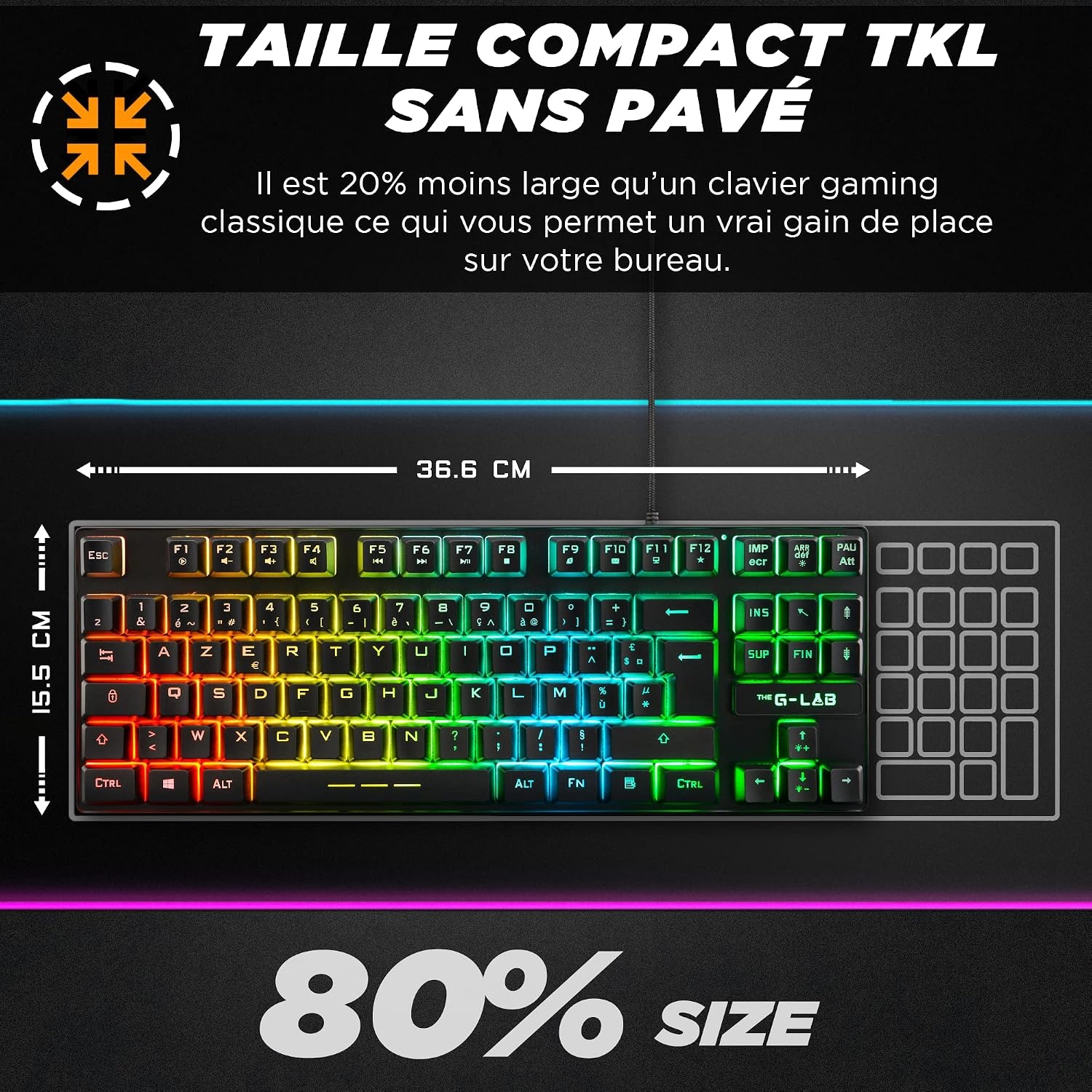 The G-Lab Keyz Caesium TKL Gaming-toetsenbord, TKL, 87 toetsen, bekabeld, USB, AZERTY, Frans, led-achtergrondverlichting, meerkleurig, compact, zonder cijferblok, voor PC/PS4/PS5, nieuw (zwart)