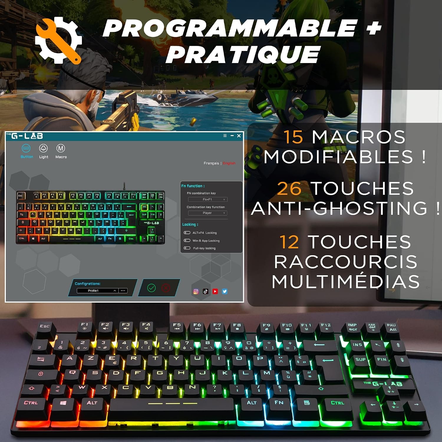 The G-Lab Keyz Caesium TKL Gaming-toetsenbord, TKL, 87 toetsen, bekabeld, USB, AZERTY, Frans, led-achtergrondverlichting, meerkleurig, compact, zonder cijferblok, voor PC/PS4/PS5, nieuw (zwart)