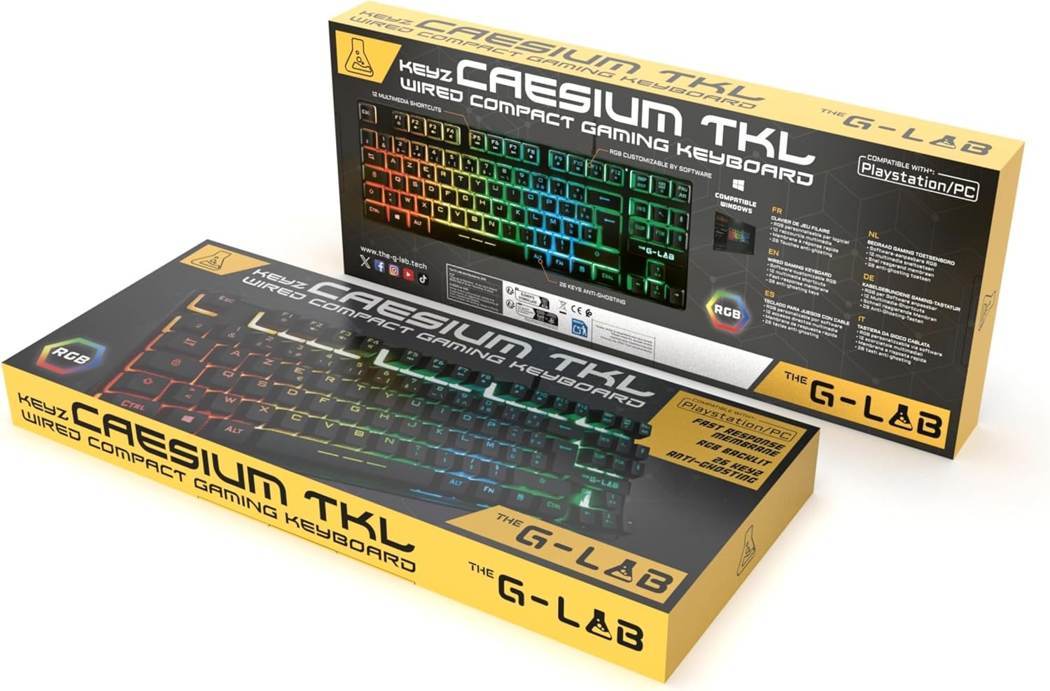 The G-Lab Keyz Caesium TKL Gaming-toetsenbord, TKL, 87 toetsen, bekabeld, USB, AZERTY, Frans, led-achtergrondverlichting, meerkleurig, compact, zonder cijferblok, voor PC/PS4/PS5, nieuw (zwart)