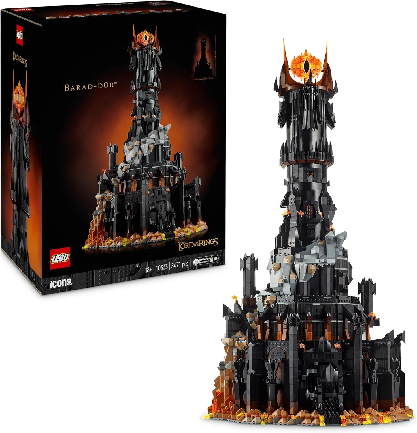 LEGO Icons The Lord of the Rings: Barad-dûr Film Building Kit for Adults with Minifigures of Sauron, Gothmog, Orcs, Frodo, Sam and Gollem, Gift for Him or Her 10333