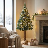Kunstkerstboom 160 cm - met sneeuw en dennenappels en houten stam