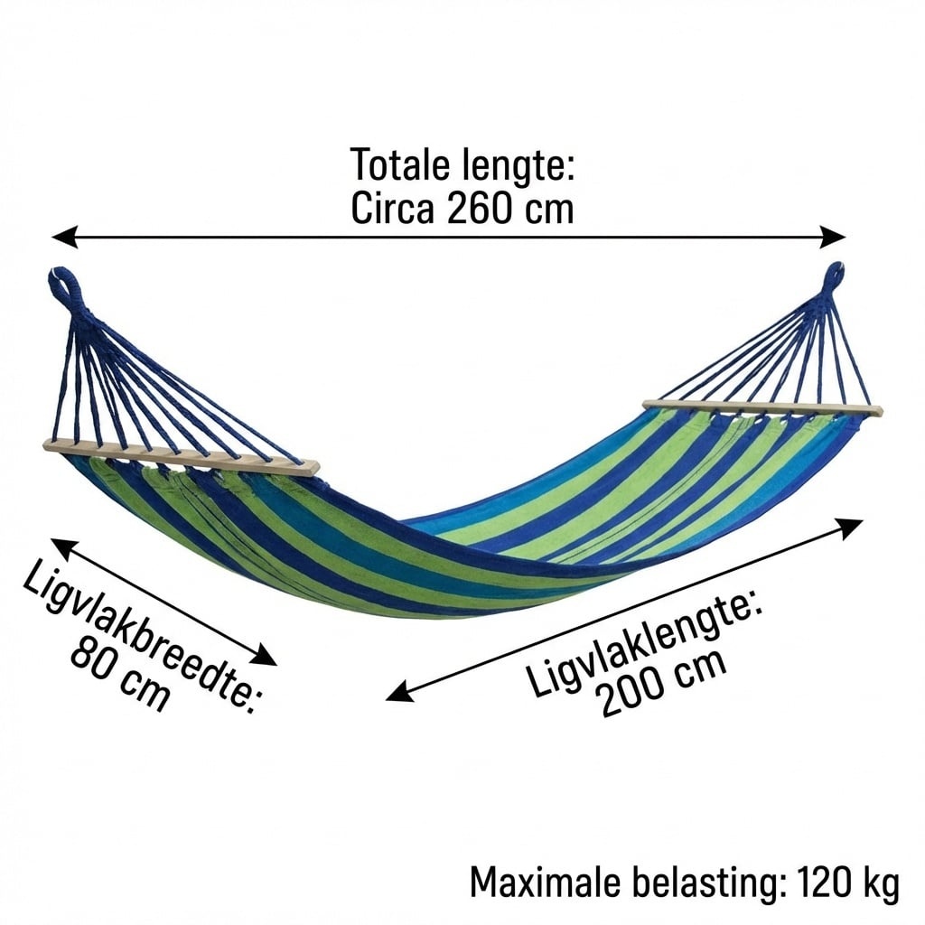 Hangmat 200 x 80 cm met dwarsstang – Groen blauw gestreept