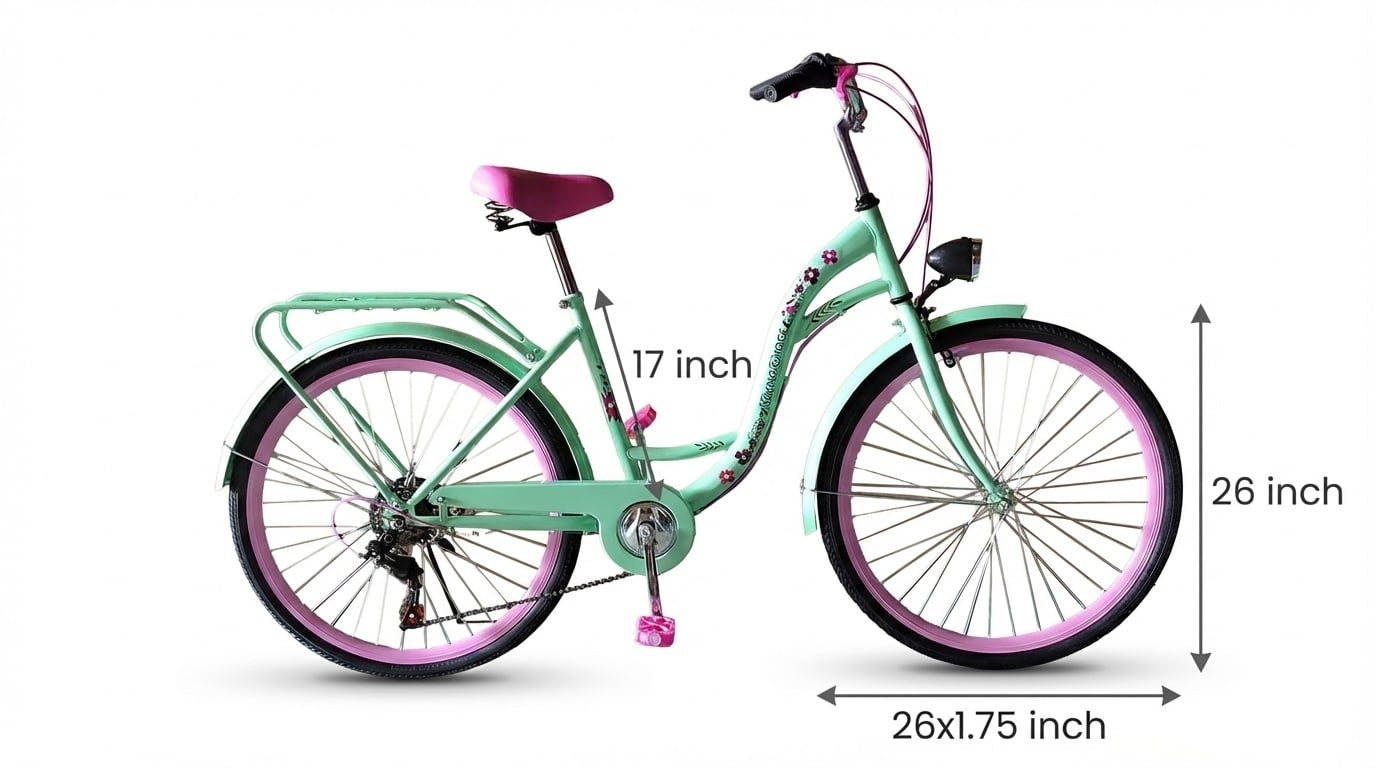 Meisjesfiets 26 inch - 7 versnellingen - mintgroen met roze