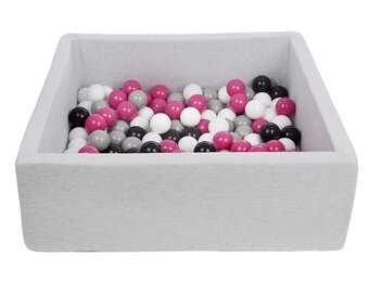Vierkante ballenbak 90x90 cm met 150 ballen zwart, wit, paars & grijs