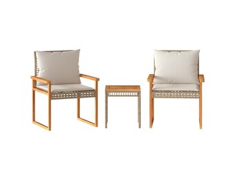vidaXL 3-delige Bistroset en kussens poly rattan en hout gemengd beige