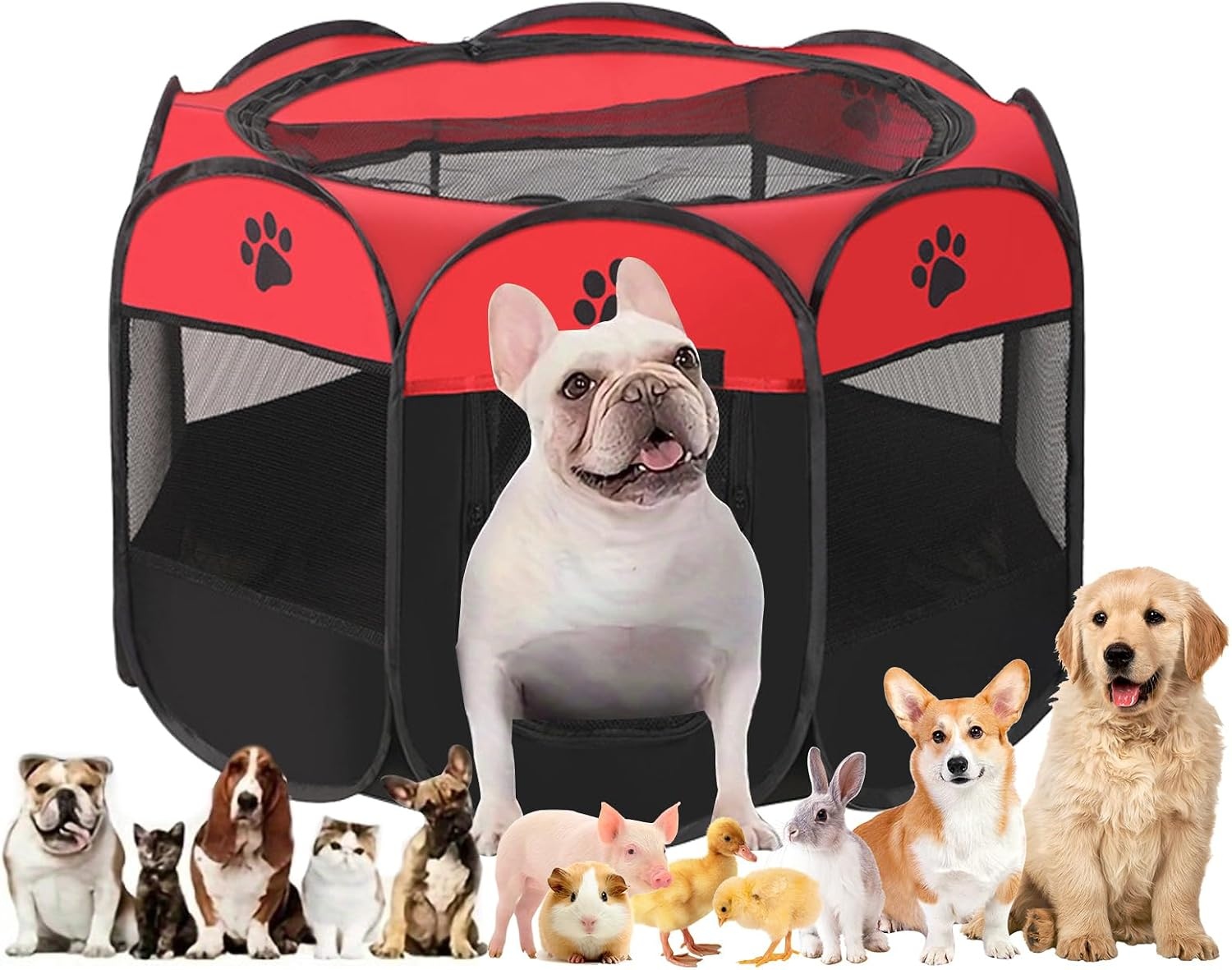 Puppyren Honden Katten Rood Zwart 110x112x57 cm Opvouwbaar Draagbaar Wasbaar Duurzaam Oxford Stof Binnen Buiten Gebruik