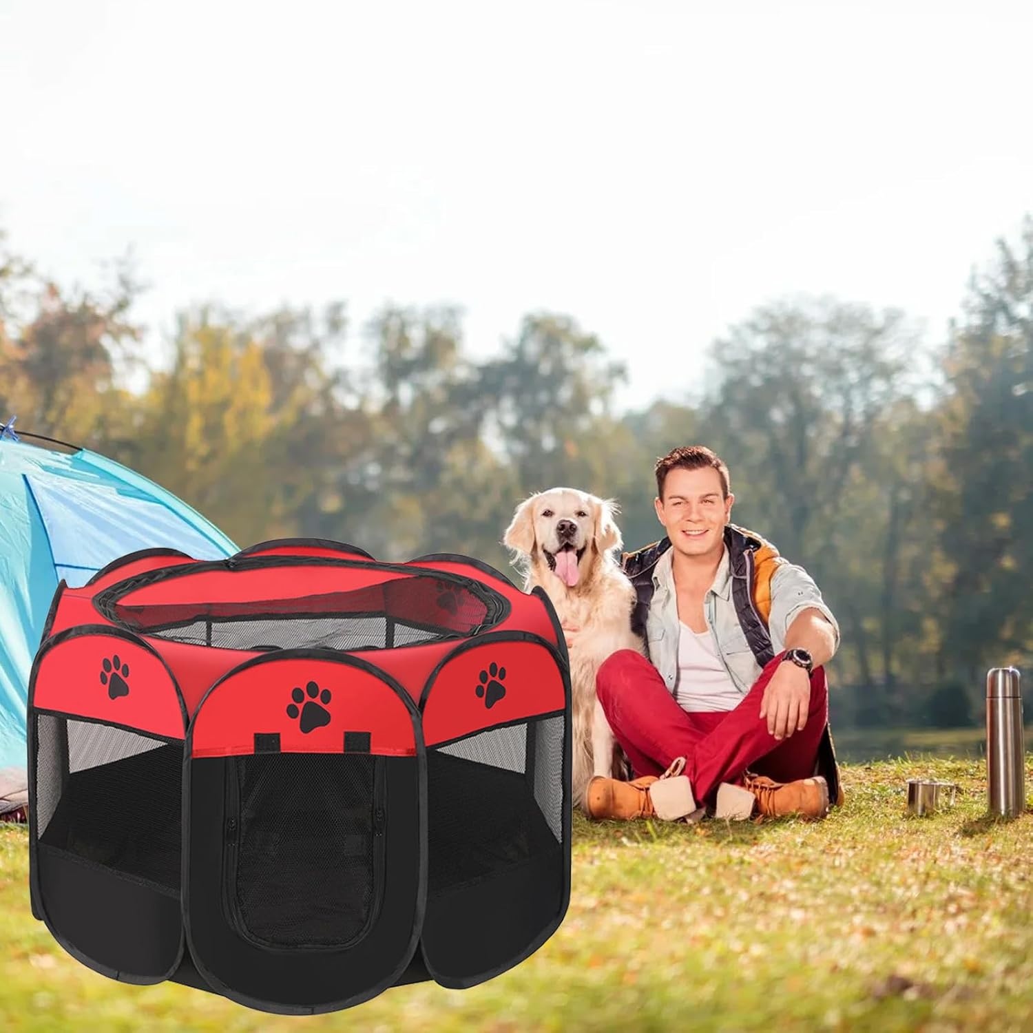 Puppyren Honden Katten Rood Zwart 110x112x57 cm Opvouwbaar Draagbaar Wasbaar Duurzaam Oxford Stof Binnen Buiten Gebruik