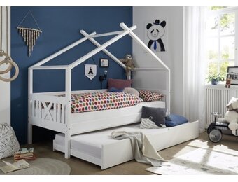 Huisbed kinderbed 90x200 cm grenenhout wit met logeerbed bodem