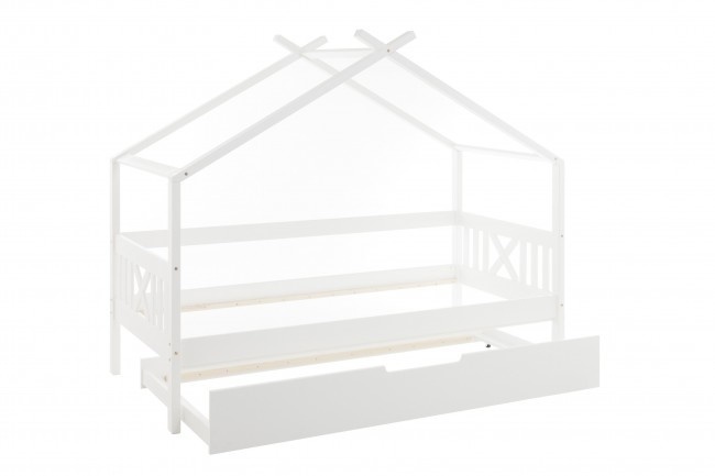 Huisbed kinderbed 90x200 cm grenenhout wit met logeerbed bodem